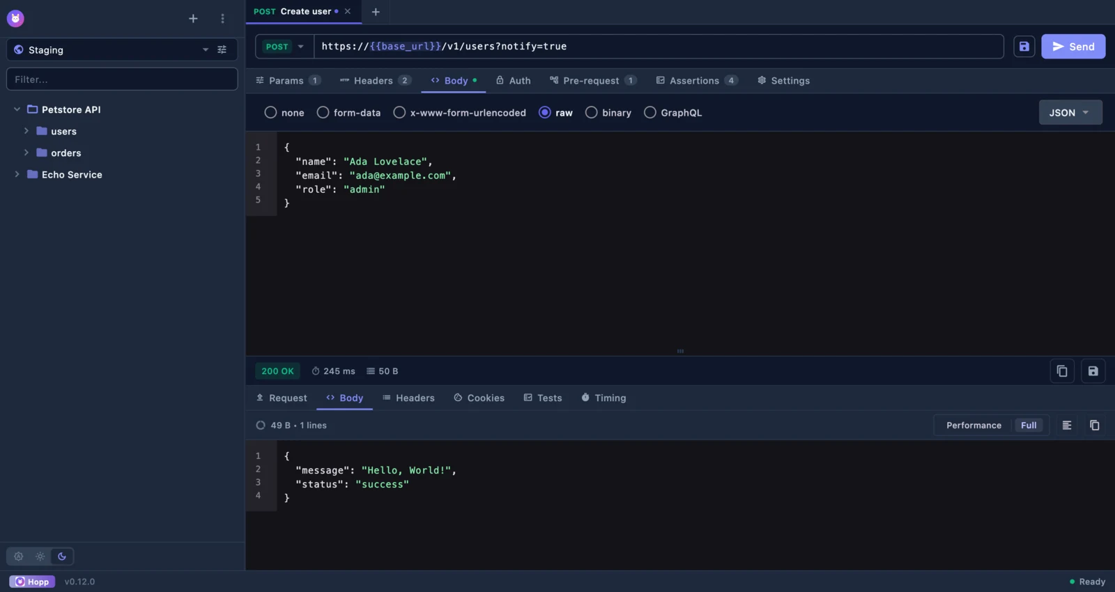 Hopp dark theme — request editor with response viewer