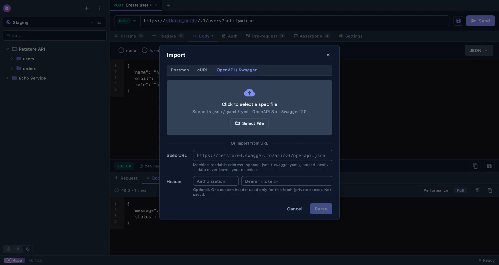 OpenAPI import dialog